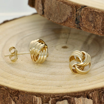 9ct Yellow Gold Ribbon Triple Thread Loop Knot Stud Earrings 9mm
