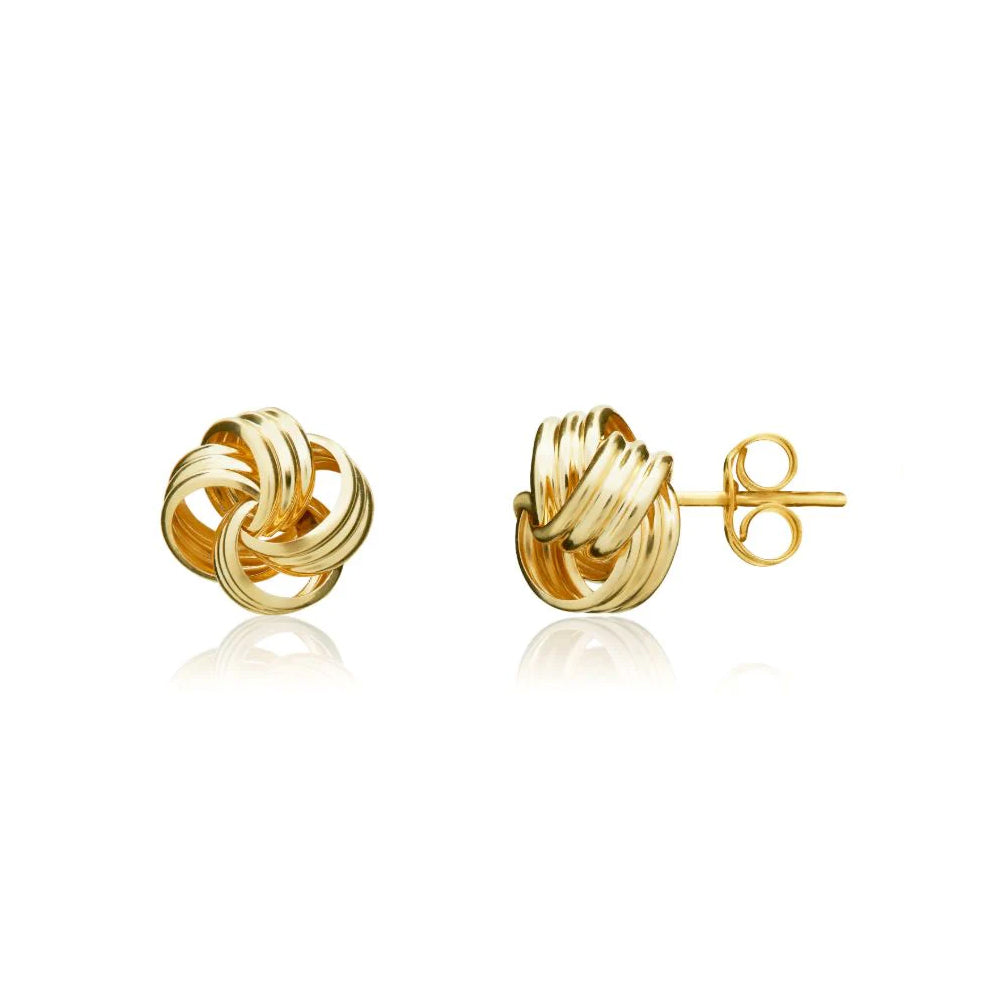 9ct Yellow Gold Ribbon Triple Thread Loop Knot Stud Earrings 9mm