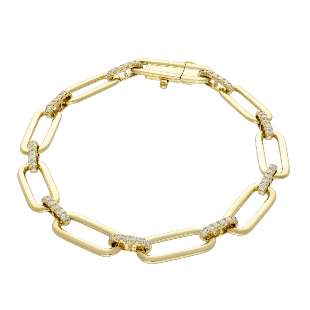 14ct Yellow Gold Pave Diamond Paperclip Link Chain Bracelet