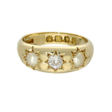 Antique 18ct Yellow Gold Old Cut Diamond & Pearl Gypsy Ring c.1891