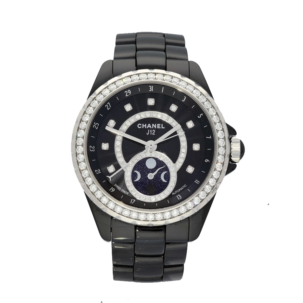 Pre-owned Unisex Chanel J12 Moonphase Black Ceramic 2017 Automatic Watch H3405