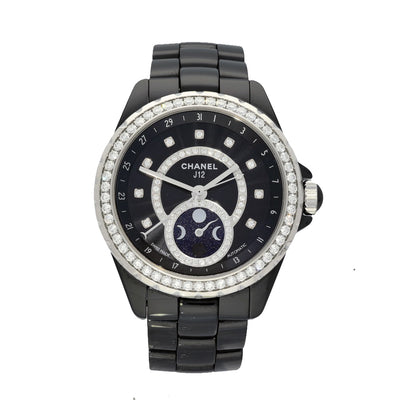 Pre-owned Unisex Chanel J12 Moonphase Black Ceramic 2017 Automatic Watch H3405