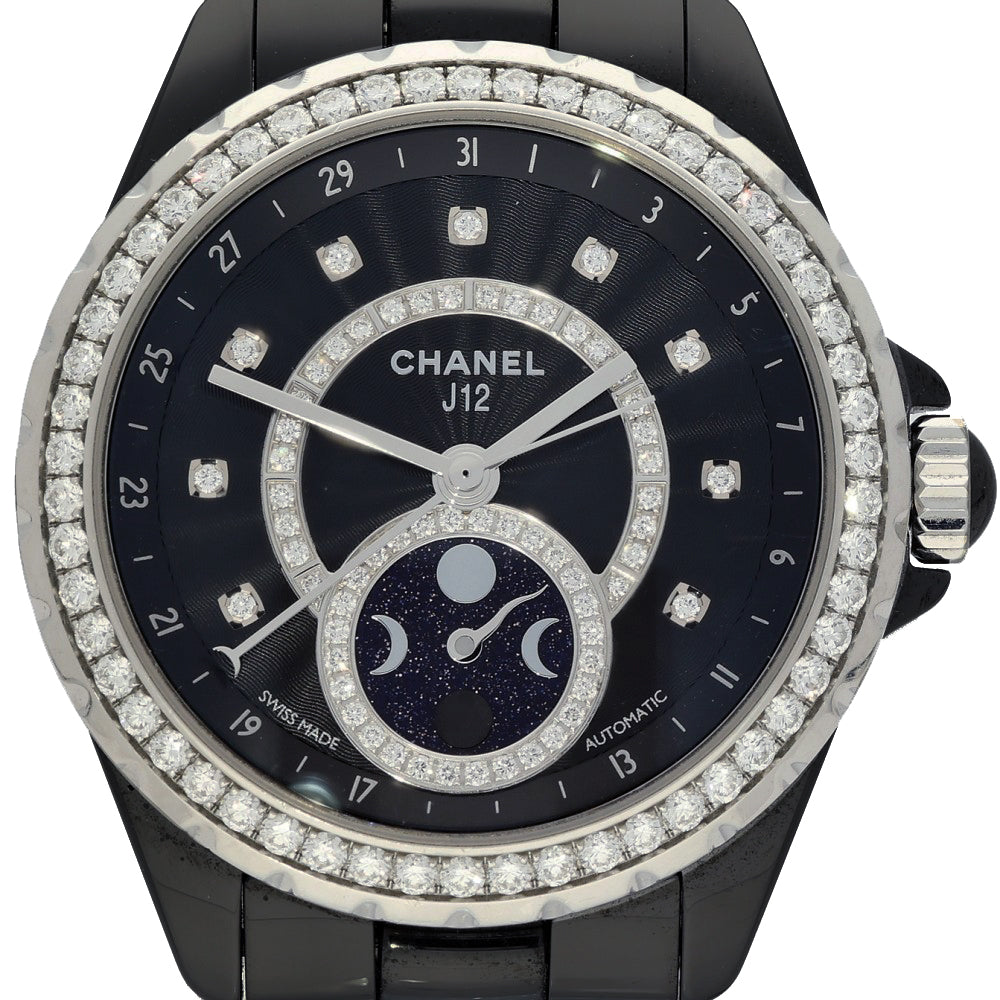 Pre-owned Unisex Chanel J12 Moonphase Black Ceramic 2017 Automatic Watch H3405