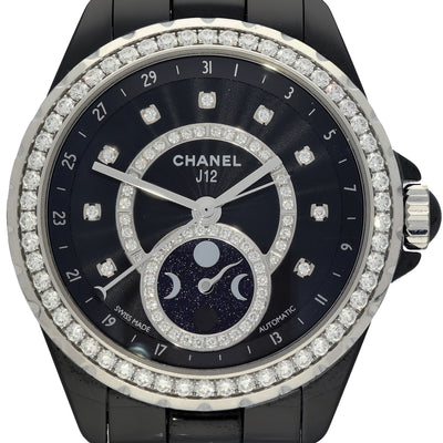 Pre-owned Unisex Chanel J12 Moonphase Black Ceramic 2017 Automatic Watch H3405