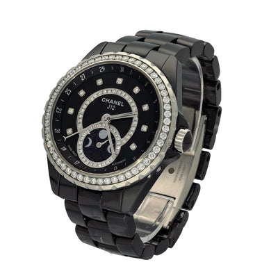 Pre-owned Unisex Chanel J12 Moonphase Black Ceramic 2017 Automatic Watch H3405