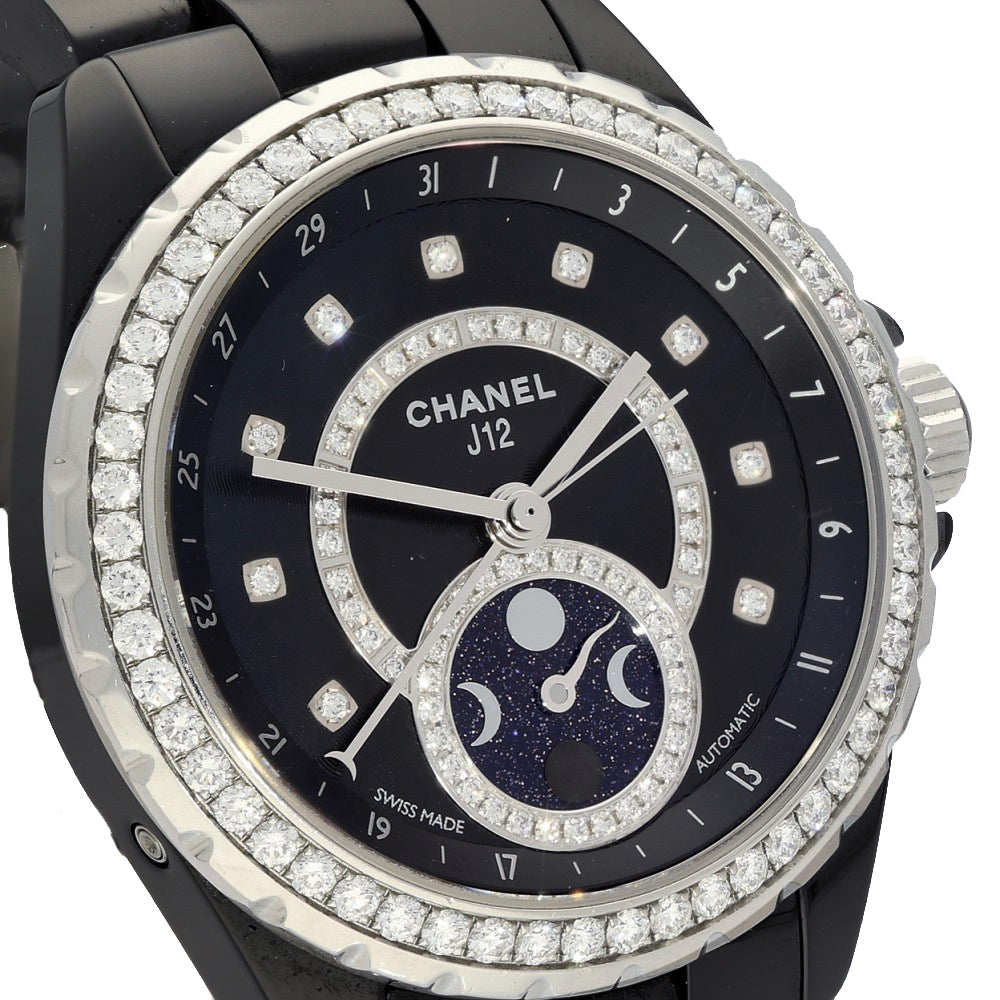 Pre-owned Unisex Chanel J12 Moonphase Black Ceramic 2017 Automatic Watch H3405