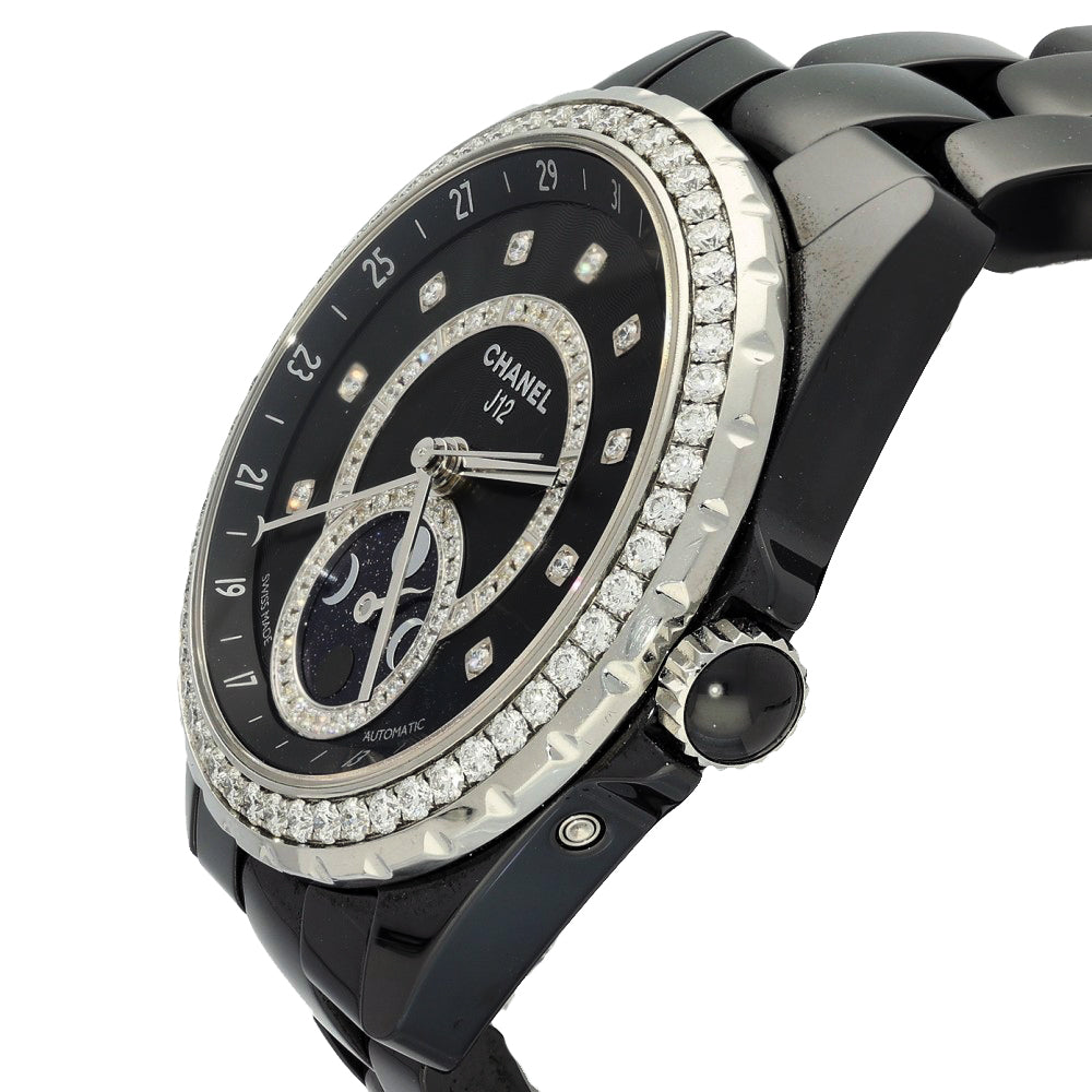 Pre-owned Unisex Chanel J12 Moonphase Black Ceramic 2017 Automatic Watch H3405