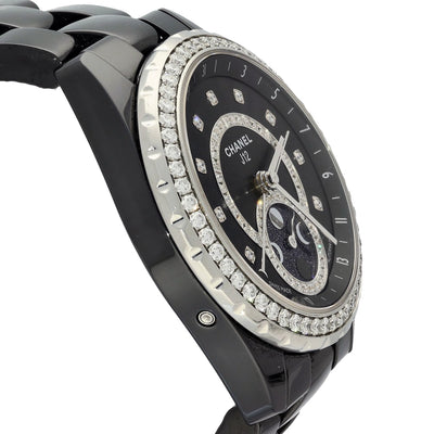 Pre-owned Unisex Chanel J12 Moonphase Black Ceramic 2017 Automatic Watch H3405