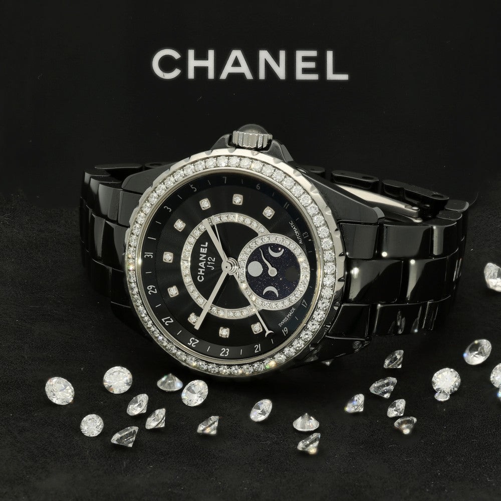 Pre-owned Unisex Chanel J12 Moonphase Black Ceramic 2017 Automatic Watch H3405