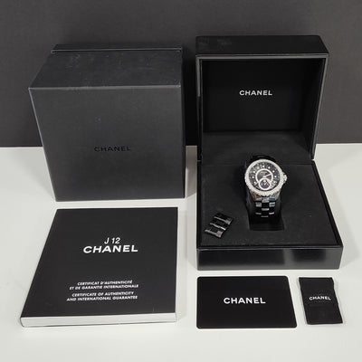 Pre-owned Unisex Chanel J12 Moonphase Black Ceramic 2017 Automatic Watch H3405