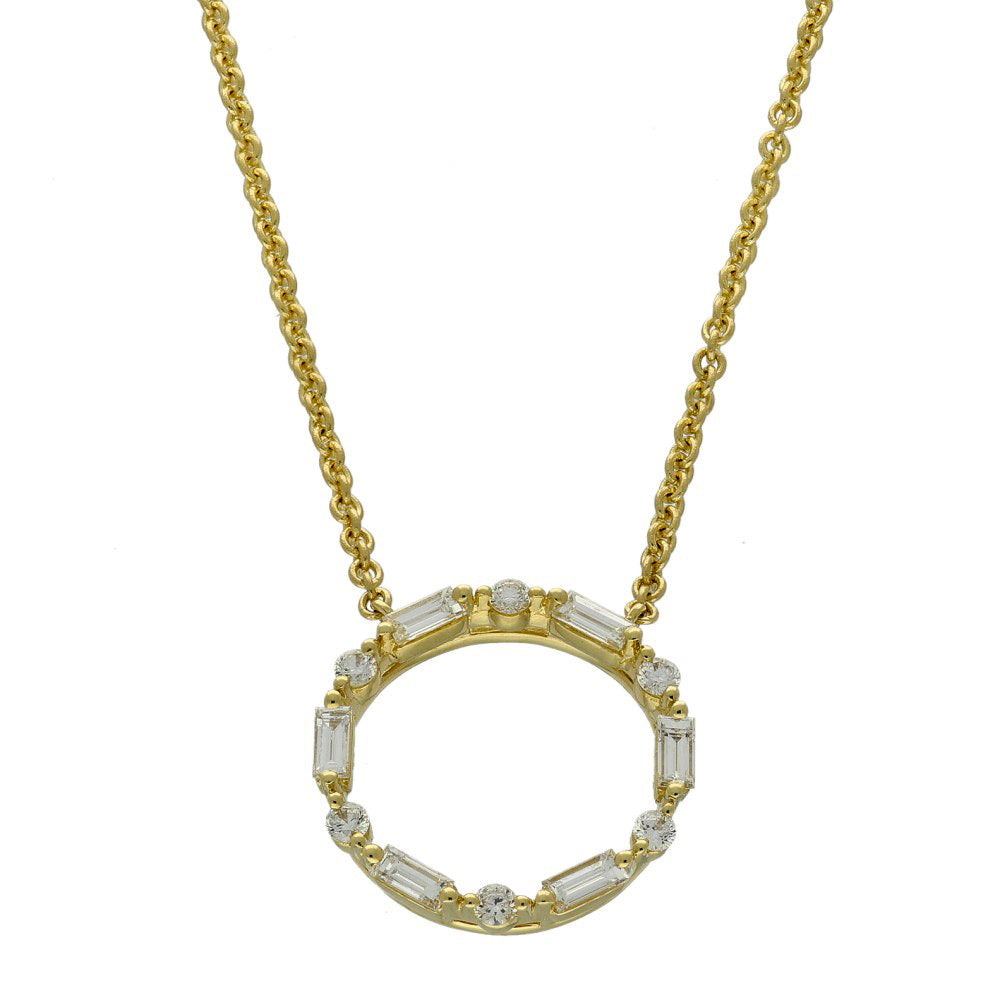 18ct Yellow Gold Baguette & Round Diamond Small Circle Outline Necklace