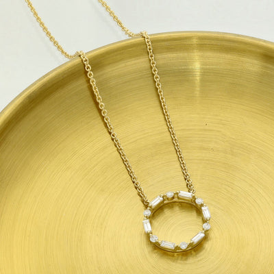 18ct Yellow Gold Baguette & Round Diamond Small Circle Outline Necklace