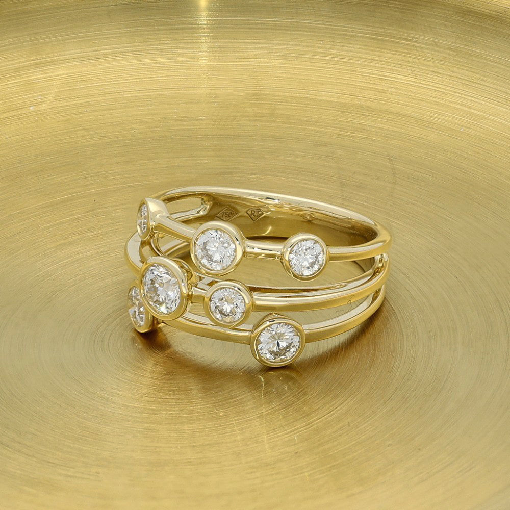 18ct Yellow Gold Diamond Triple Row Bubble Ring - 1ct