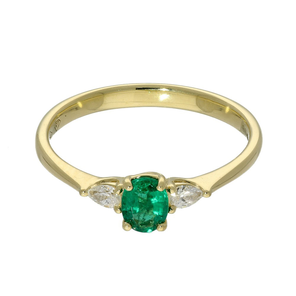 18ct Yellow Gold Emerald and Pear Diamond Trilogy Ring