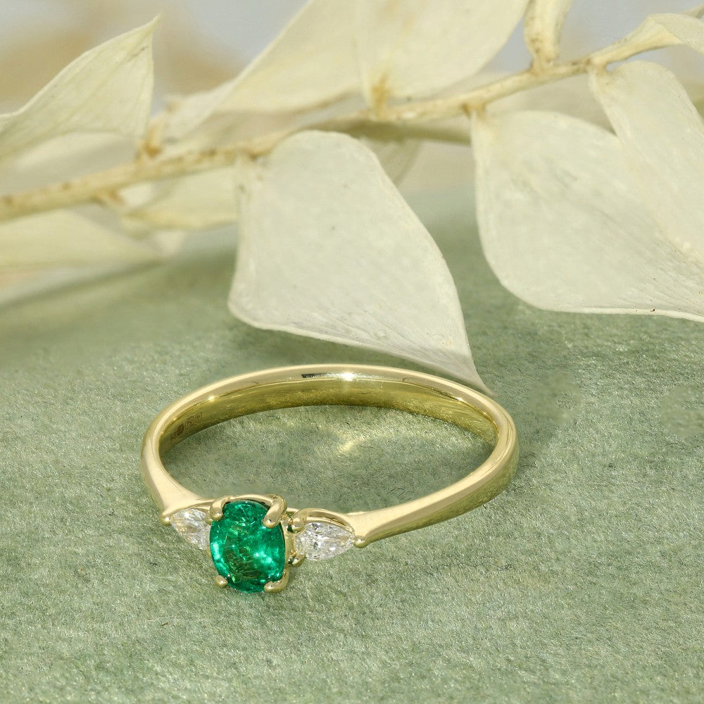 18ct Yellow Gold Emerald and Pear Diamond Trilogy Ring