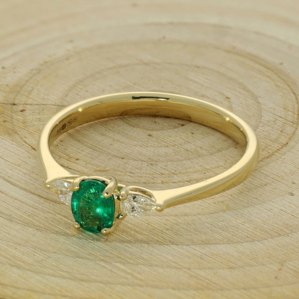 18ct Yellow Gold Emerald and Pear Diamond Trilogy Ring