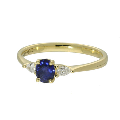 18ct Yellow Gold Sapphire and Pear Diamond Trilogy Ring