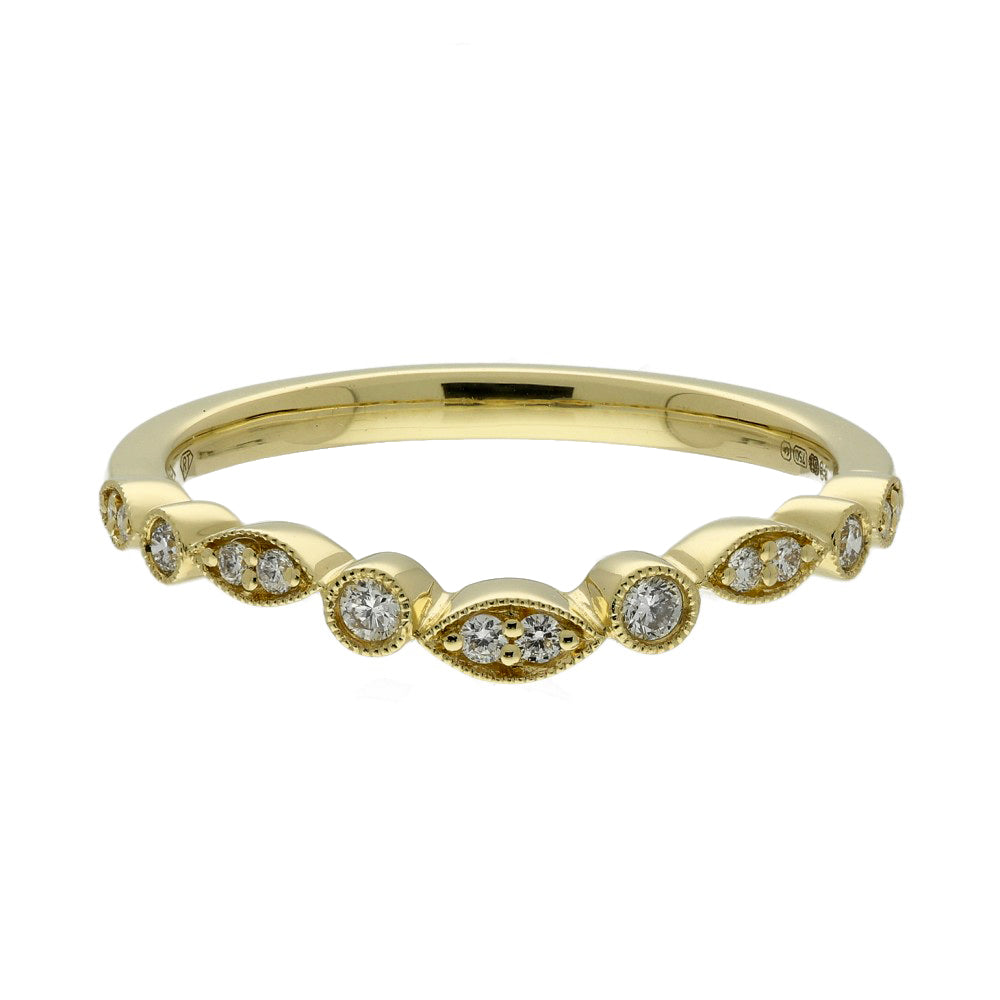 18ct Yellow Gold Diamond Shaped Half Eternity Ring Milgrain Edge