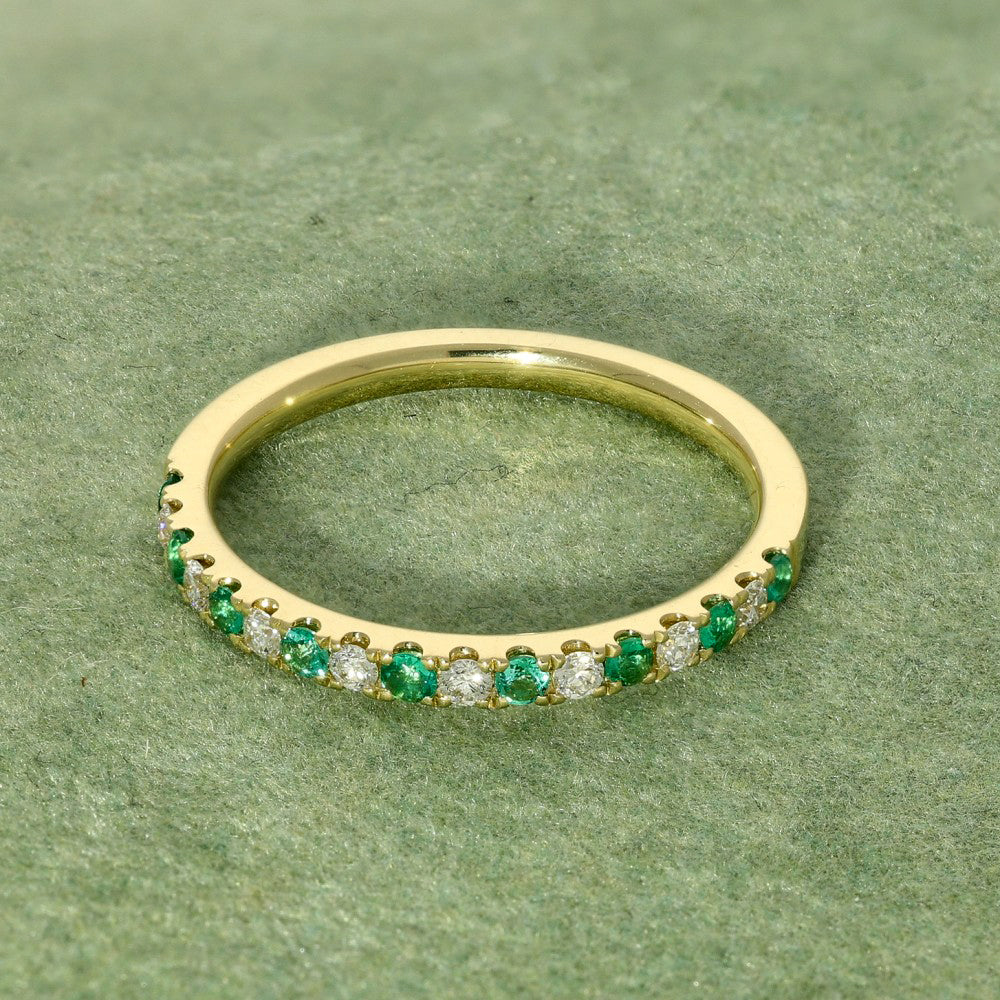 18ct Yellow Gold Emerald Diamond Slim Half Eternity Ring
