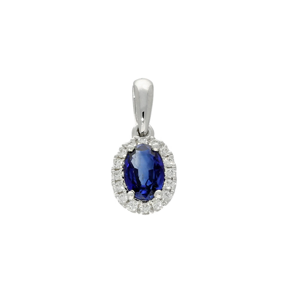 18ct White Gold Oval Sapphire & Diamond Halo Pendant