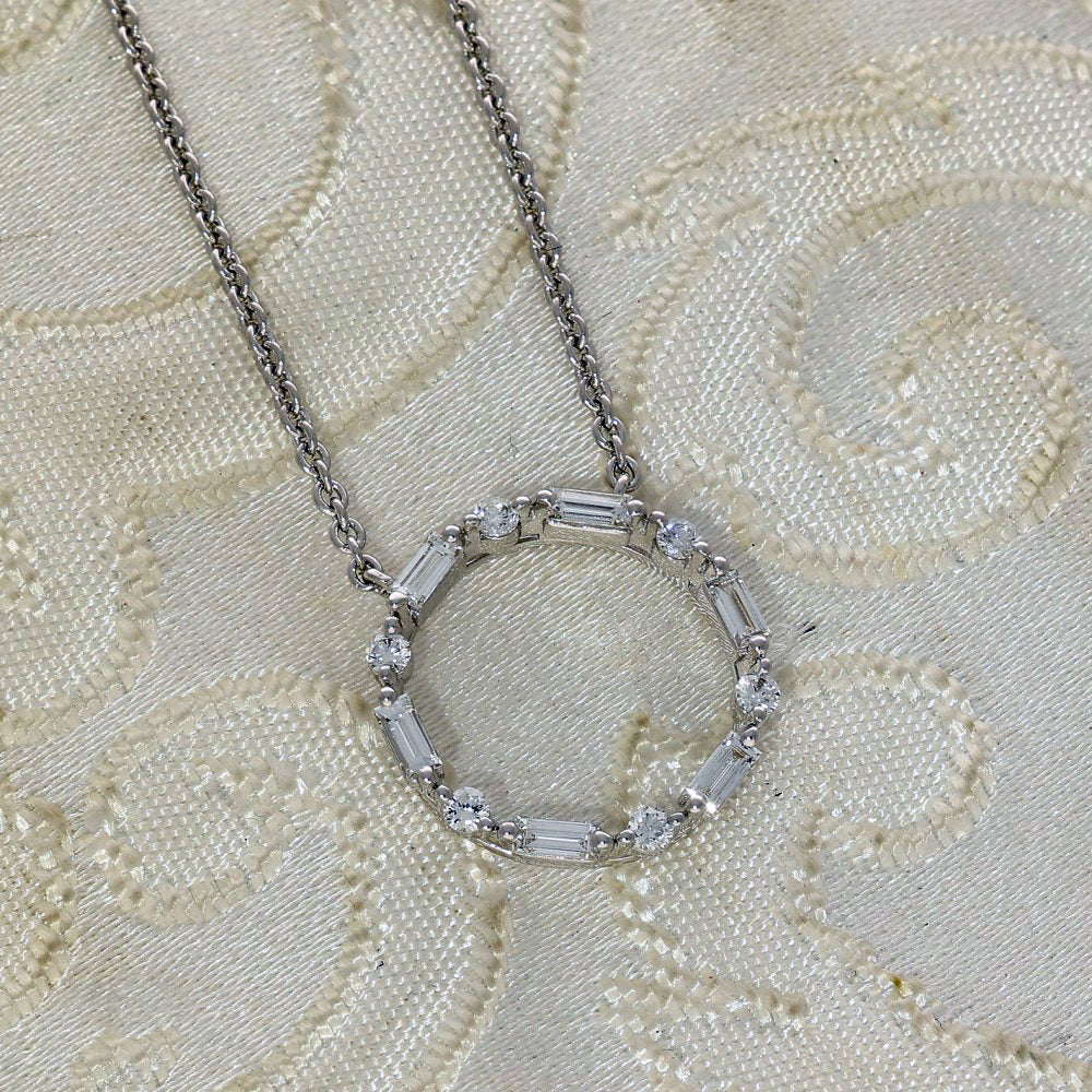 18ct White Gold Baguette & Round Diamond Small Circle Outline Necklace