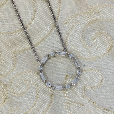 18ct White Gold Baguette & Round Diamond Small Circle Outline Necklace