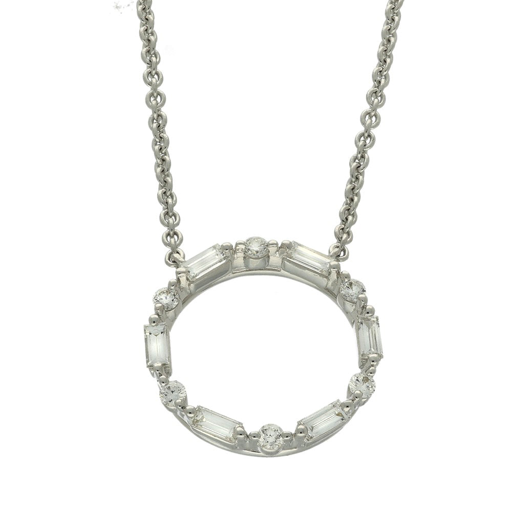 18ct White Gold Baguette & Round Diamond Small Circle Outline Necklace