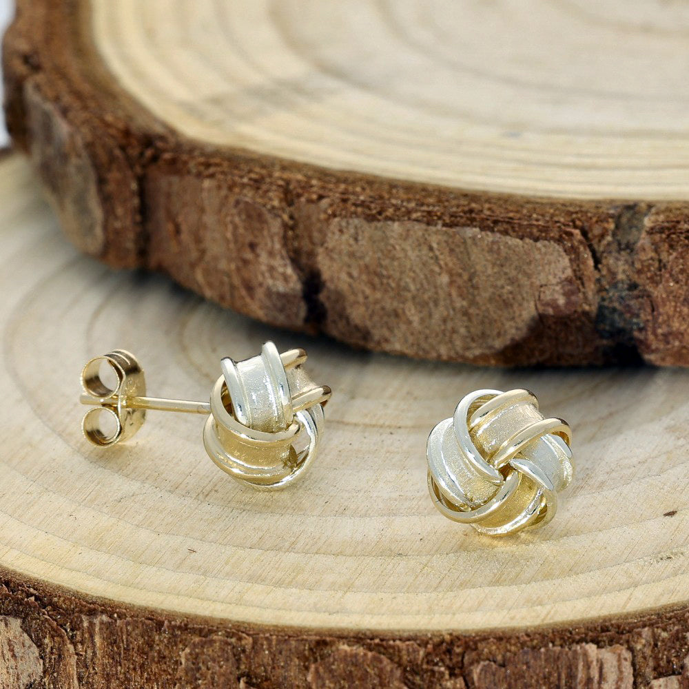 9ct Two Tone White & Yellow Gold Frosted Ribbon Knot Stud Earrings 8mm