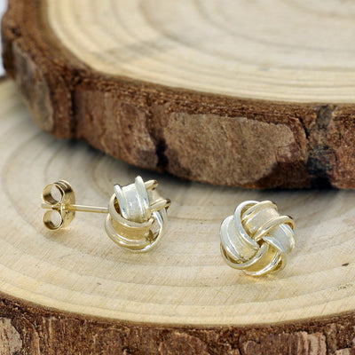9ct Two Tone White & Yellow Gold Frosted Ribbon Knot Stud Earrings 8mm
