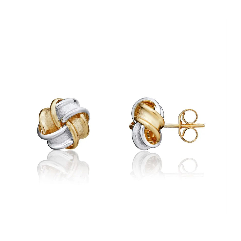 9ct Two Tone White & Yellow Gold Frosted Ribbon Knot Stud Earrings 8mm