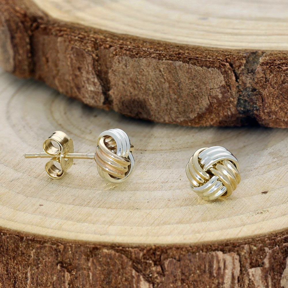 9ct Two Tone White & Yellow Gold Ribbed Knot Stud Earrings 6mm