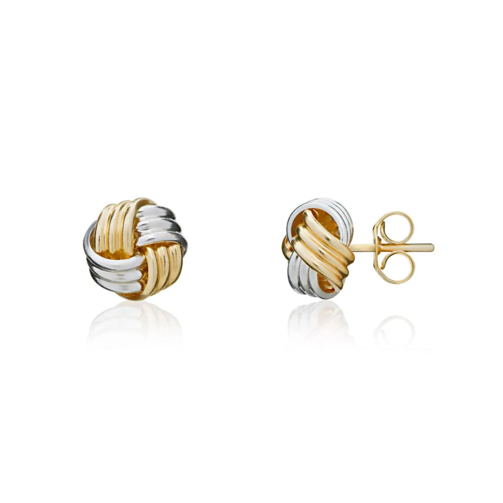 9ct Two Tone White & Yellow Gold Ribbed Knot Stud Earrings 6mm