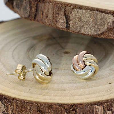 9ct Three Tone Yellow, White & Rose Gold Polished Knot Stud Earrings 9mm
