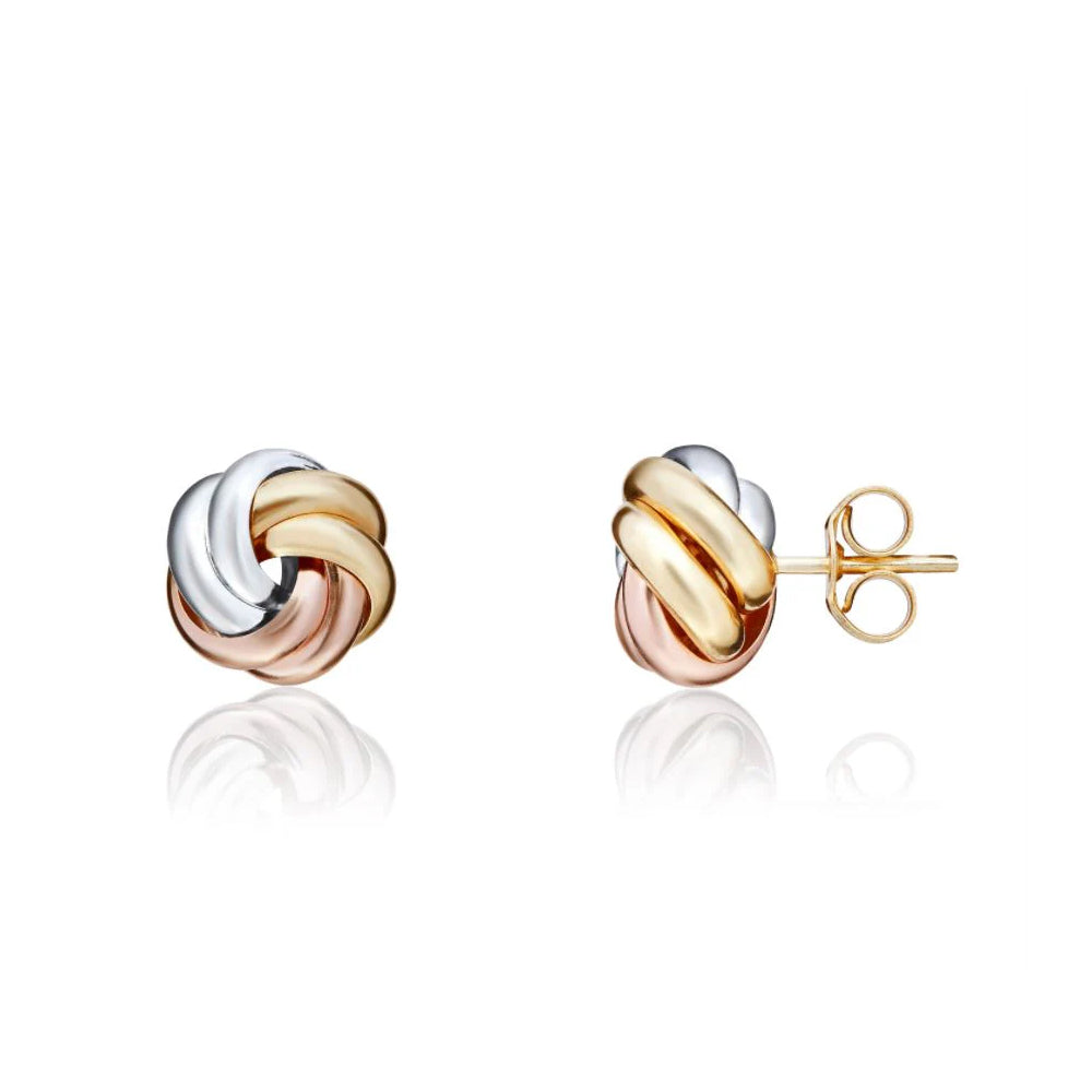 9ct Three Tone Yellow, White & Rose Gold Polished Knot Stud Earrings 9mm