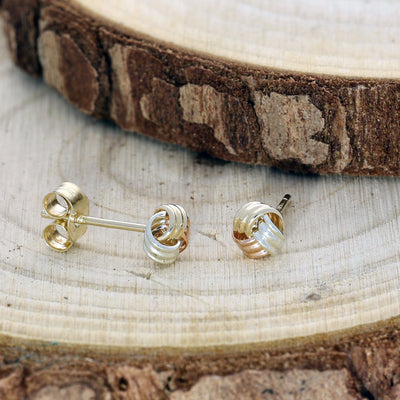 9ct Three Tone Yellow, White & Rose Gold Ribbed Knot Stud Earrings 5mm