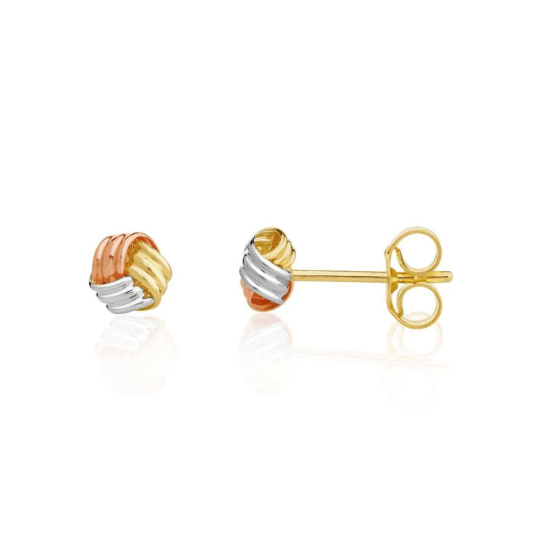 9ct Three Tone Yellow, White & Rose Gold Ribbed Knot Stud Earrings 5mm
