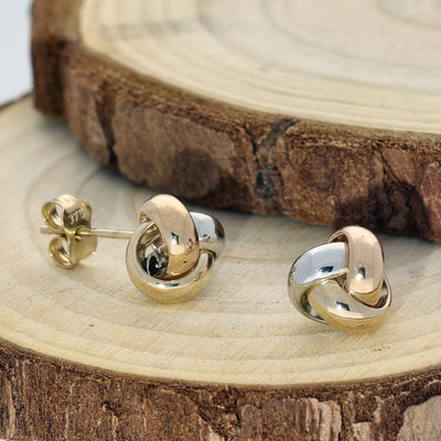 9ct Three Tone Yellow, White & Rose Gold Simple 3 Strand Knot Stud Earrings 9mm