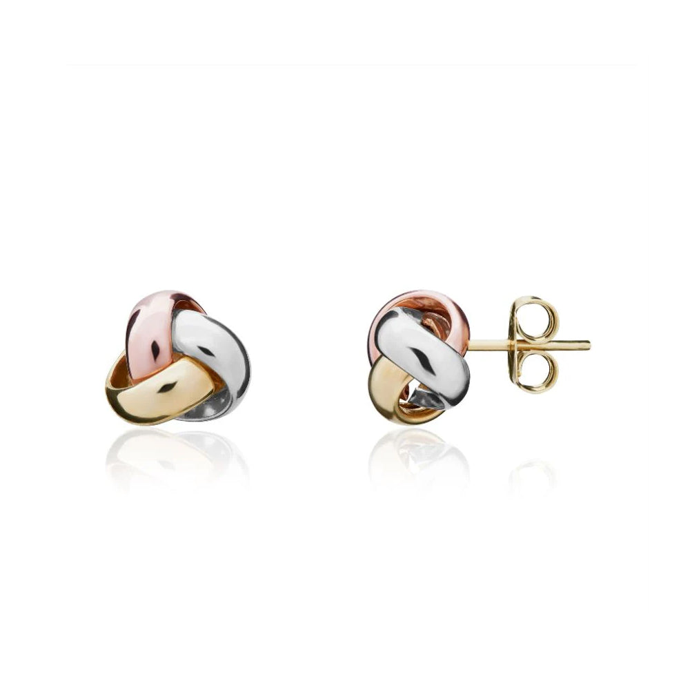 9ct Three Tone Yellow, White & Rose Gold Simple 3 Strand Knot Stud Earrings 9mm