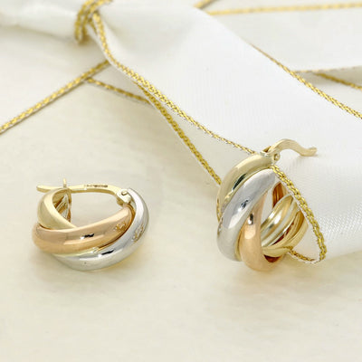 9ct Three Tone Yellow, White & Rose Gold Russian Wedding Hoop Earrings 16mm
