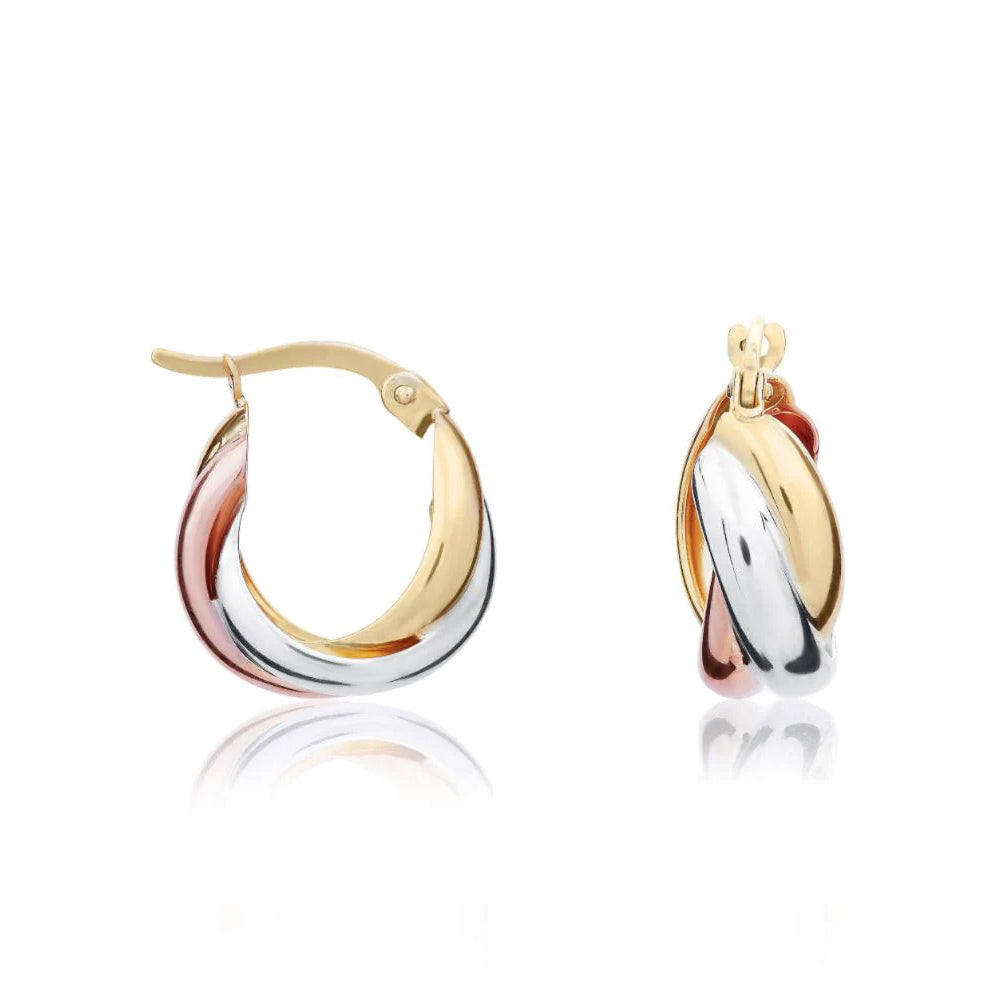 9ct Three Tone Yellow, White & Rose Gold Russian Wedding Hoop Earrings 16mm