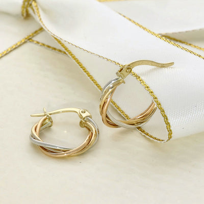 9ct Three Tone Yellow, White & Rose Gold Russian Wedding Hoop Earrings 15mm