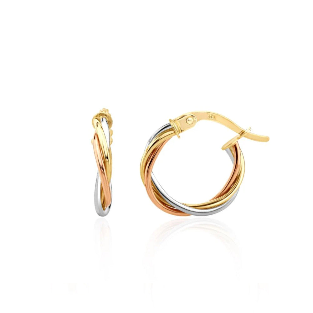 9ct Three Tone Yellow, White & Rose Gold Russian Wedding Hoop Earrings 15mm