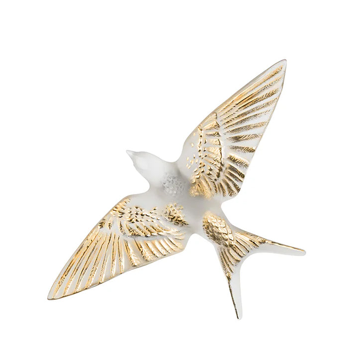 Lalique Wings Down Wall Swallow Sculpture - Clear, Gold Stamped Crystal 10645900