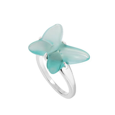 Lalique Butterfly Papillon Ring, Lagoon Green Crystal & Silver