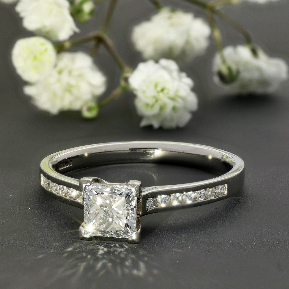 Platinum Certificated 0.79ct Princess Cut Diamond Solitaire Engagement Ring with Diamond Set Shoulders