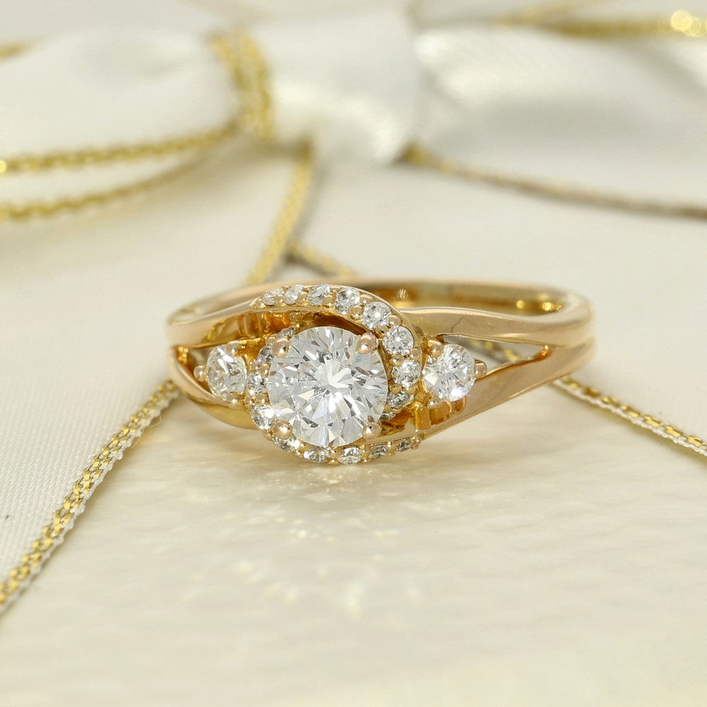 Pre-owned 18ct Rose Gold Diamond Twist Halo Trilogy Ring