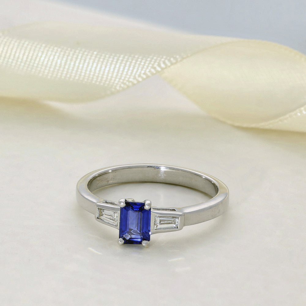 18ct White Gold Emerald Cut Sapphire and Diamond Trilogy Ring