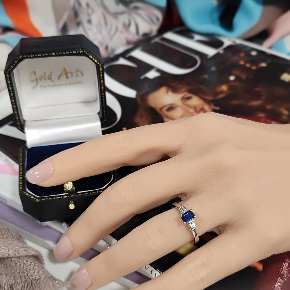 18ct White Gold Emerald Cut Sapphire and Diamond Trilogy Ring