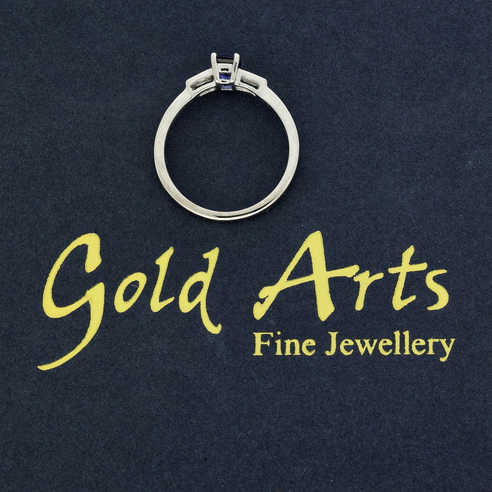 18ct White Gold Emerald Cut Sapphire and Diamond Trilogy Ring