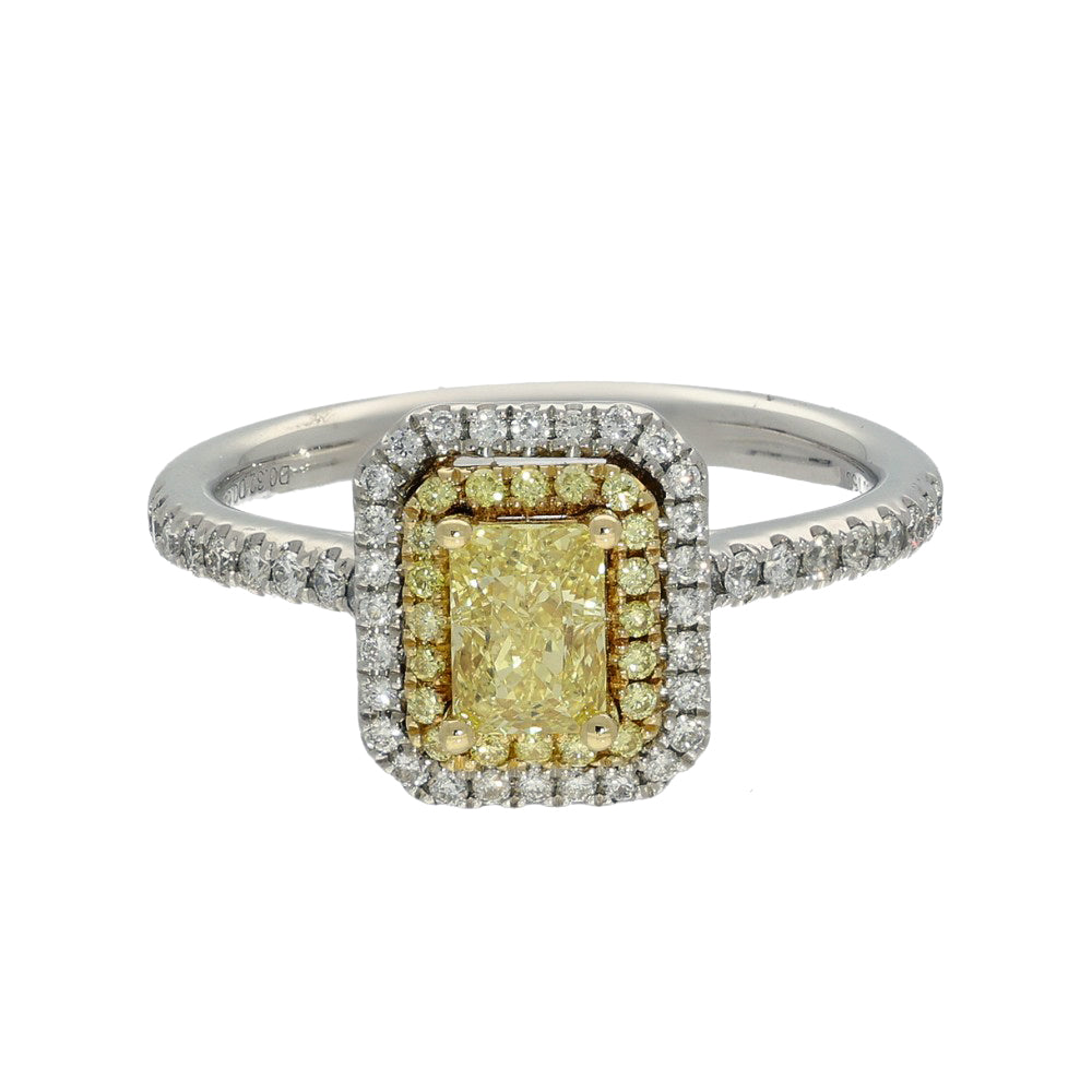 Platinum Yellow Radiant Cut Diamond & White Diamond Halo Shoulders Ring